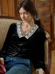 Megan Contrast Lace Lapel Cuffs Lace Splicing Velvet Blouse