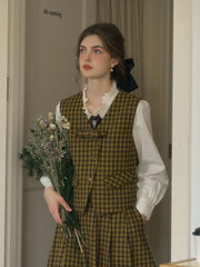 Luz V-neck Slim 3D Bow Black Yellow Plaid Pocket Wool Vest - Yellow