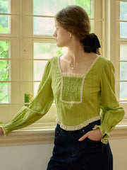 August Square Collar Trimmed Pleated Cotton Blouse