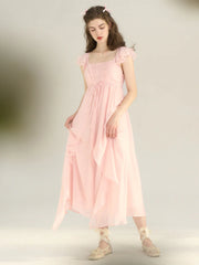 Ariah Romantic Square Neck Ruffle Sleeves Pink Dress