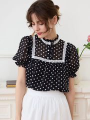 Natasha Polka Dot Print Mock Neck Puff Sleeve Chiffon Blouse