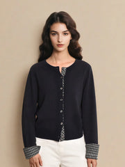 Ariyah Round Neck Plaid 100% Wool Cardigan