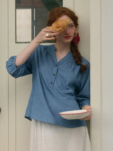 Carolina Casual V-neck Button Front Three Quarter Sleeve Cotton Blouse