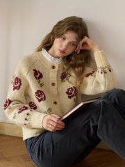Katie Round Neck Jacquard Wool Cardigan