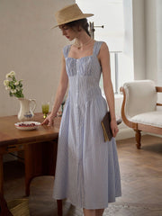 Mariah Simple Square Neck Striped A-line Cotton Dress- Blue