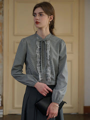 Reagan Bow Lace Contrasting Houndstooth Blouse