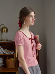 Ayra Round Neck Tie-Dye Short Sleeve Knit T-Shirt With Shoulder Insert - Pink