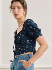 Sasha Ditsy Floral Print Ruched Bust Tie Back Crop Blouse