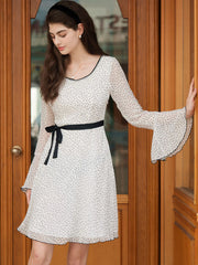 Rylan Polka Dot Contrasting Color Round Neck Bell Sleeve Dress