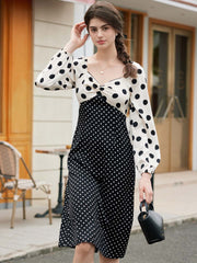 Saanvi Elegant Square Neck Polka Dot Stitching Balloon Sleeve Dress