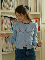 Soleil Standing Collar Embroidered Colour Clash Sweater Cardigan