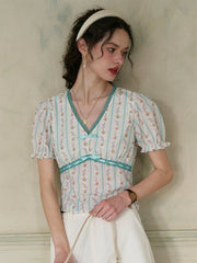 Angel V Neck Bow Lace Contrast Floral Print Striped Puff Sleeve Top