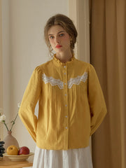 Kitty Wavy Stand Collar Lace Blouse - Yellow