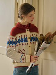 Samira Vintage Lapel SR Exclusive Design Rose Jacquard Fair Isle Cardigan