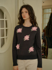 Sarahi Embroidery Round Neck Hollow 3D Flower Knitted Wool Sweater