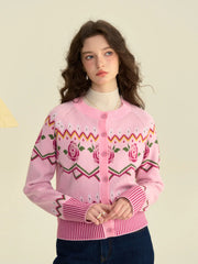 Violette Round Collar Clashing Embroidery Rose Cardigan