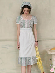 Bria Square Collar Contrasting Trimmed Floral Pleated Dress