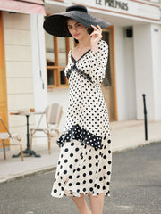 Ainhoa Elegant V Neck Lace Stitching Polka Dot Color Contrast Dress