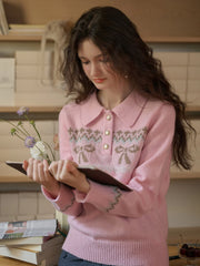 Paloma Polo Collar Printed Colour-Crossing Bowknot Pullover Sweater