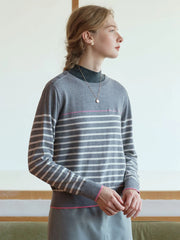 Nori Vintage Striped Contrast Crewneck Knit Top-Grey