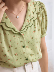 Indie Wavy Collar Contrast Blouse