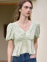 Luciana Tulip French Style Large V-neck Floral Shirt