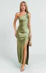 Olive Satin One Shoulder Side Split Maxi Dress