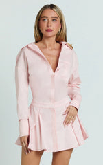 Valentina Mini Dress - Collared Long Sleeve Button Front Dropped Waist Dress in Pink