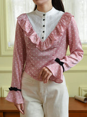 Milana Mock Neck Contrast Lace Bow Trumpet Sleeves Polka Dot Blouse