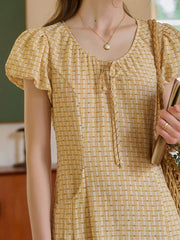 Willow Round Neck Plaid Puff Sleeve Viscose Dress - Yellow
