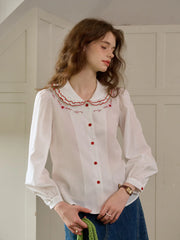 Maren Peter Pan Collar Floral Embroidery Blouse - White