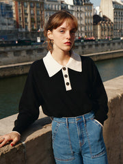 Selena Polo Contrast Collar 100% Wool Black Knit Sweater