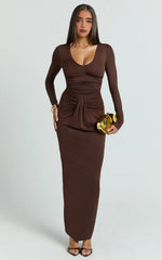 Dixie Maxi Dress - Plunge Long Sleeve Bodycon Dress in Chocolate