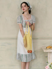 Bria Square Collar Contrasting Trimmed Floral Pleated Dress