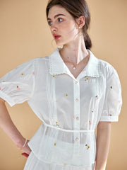 Savanna Simple Little Daisy Embroidered White Blouse