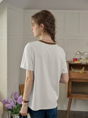 Reya Simple Round Neck Contrasting Embroidery Cotton Top - White