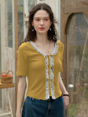 Emerie V-neck Contrast Lace Panel Bow Knitted Top - Yellow