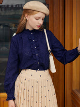 Victoria Ruffle Mandarin Navy Blue Shirt
