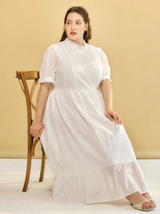 Plus Size Afra White Stand-up Collar Bubble Sleeve Dress
