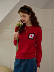 Cadence Ribbed Round Neck Contrasting Embroidery Sweater
