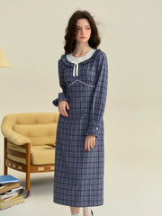 Whitney Round Neck Tie Bow Collision Blue Check Dress