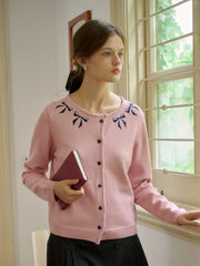 Nyx Round Neck Contrasting Embroidery Bow Cardigan
