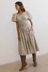 Lucille Smocked Floral Dress in Olive