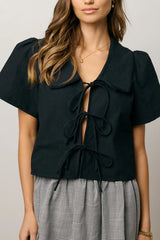 Ethan Tie Front Blouse in Black