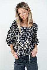 Jerzey Floral Peplum Blouse in Black