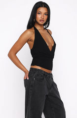 Show Stopping Cinched Waist Halter Top Black