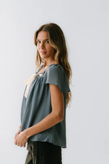 Gianna Lace Trim Blouse in Blue