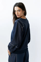 Malinda Mixed Media Top in Dark Wash