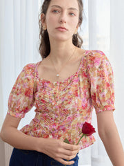 Katalina Floral Print Ruched Front Ruffle Hem Blouse