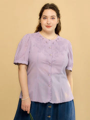 Plus Size Gracie Round Collar Embroidery Blouse-Taro Purple
